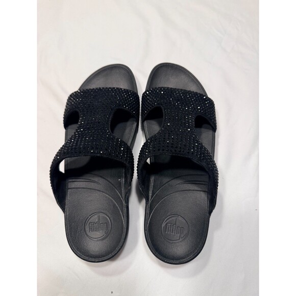 Fitflop Lulu Geo Womens Size 8 Cross Sandals Black Blue Webbing Comfort NEW - Picture 1 of 6